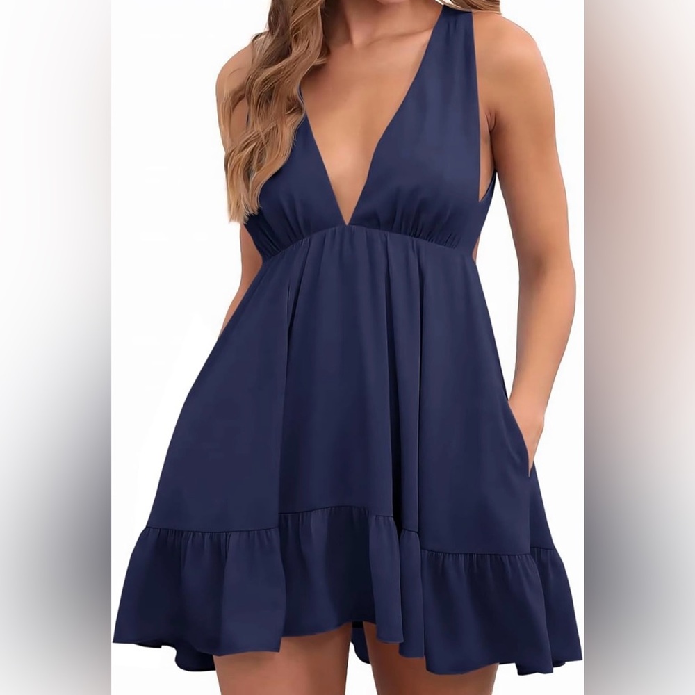 Women’s Mini Dress Navy Ruffle Deep V-Neck Backless Strapless w/Pockets XL